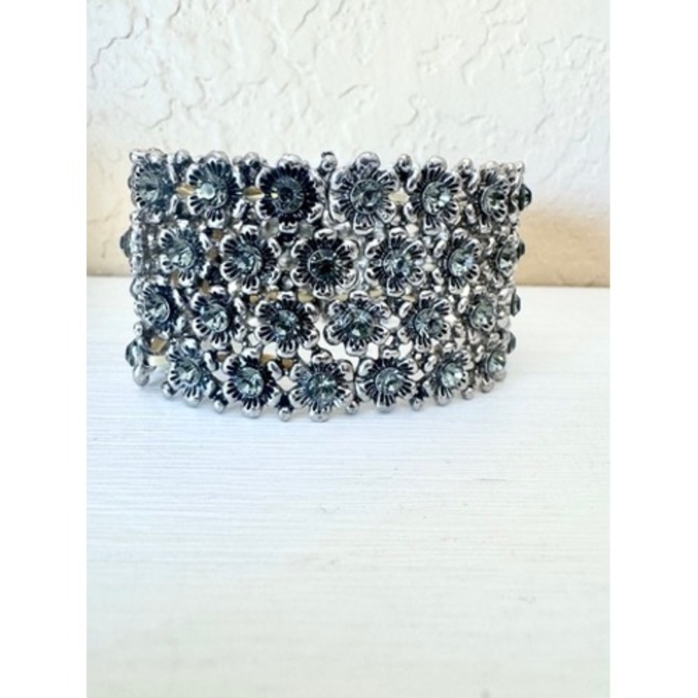 Floral Rhinestone Stretch Cuff Bracelet Silver Tone Wide Statement Resortwear - Picture 5 of 9